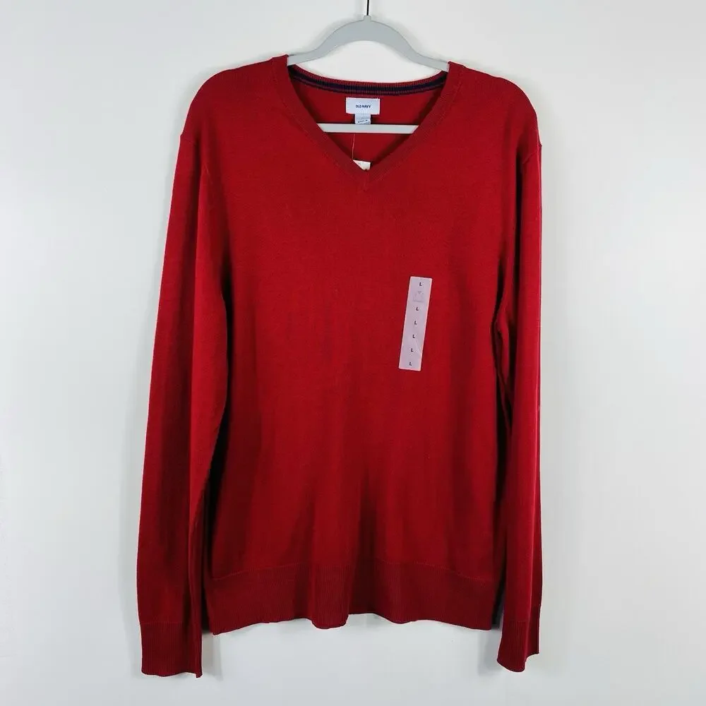 Old Navy Sweater Men's Large Red Everyday V-Neck Cotton Blend Pullover